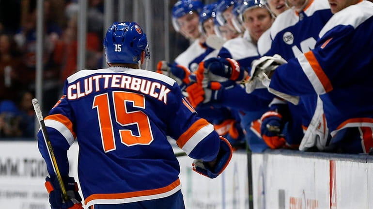Cal Clutterbuck celebrates his second goal of the first period...