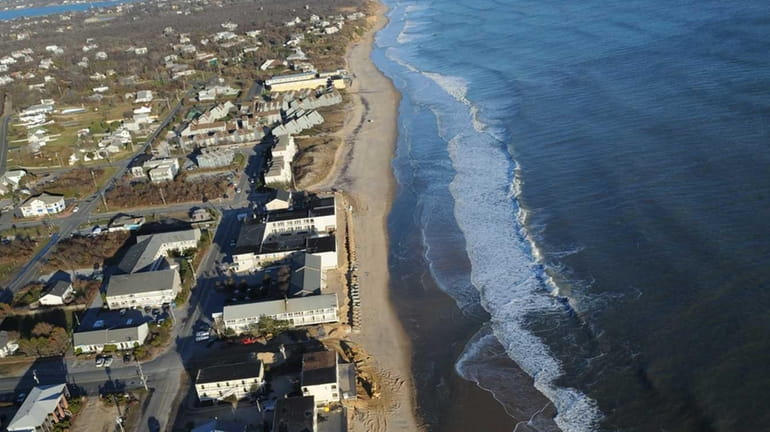 An aerial view of motels in downtown Montauk, seen Dec....