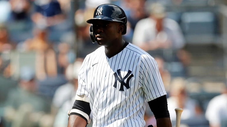 Estevan Florial of the Yankees strikes out during the fourth inning against...
