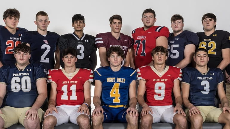 The All-Long Island football first-team offense at Newsday studios on...