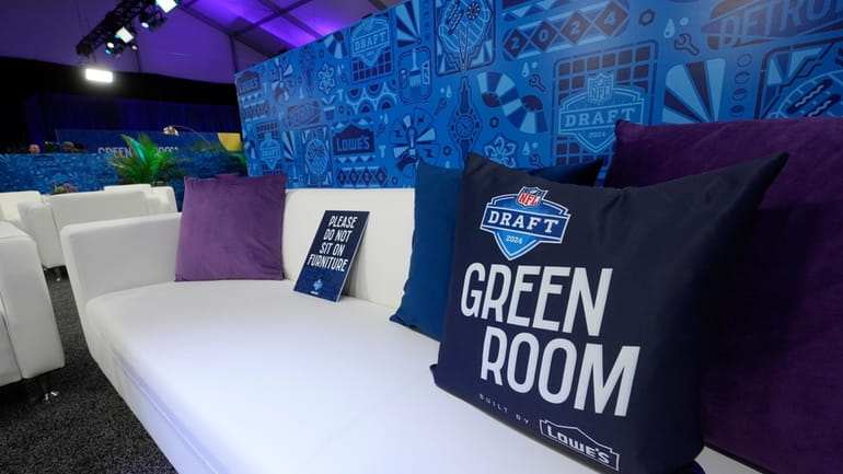 A view of the NFL Draft green room is shown,...
