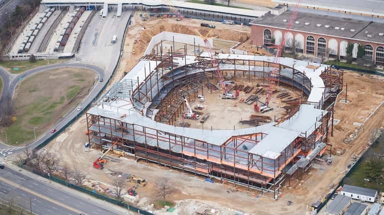 Aerial view of Belmont Park arena construction on March 25,...