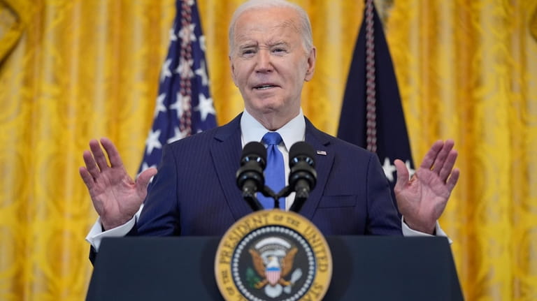 President Joe Biden speaks during a Women's History Month reception...