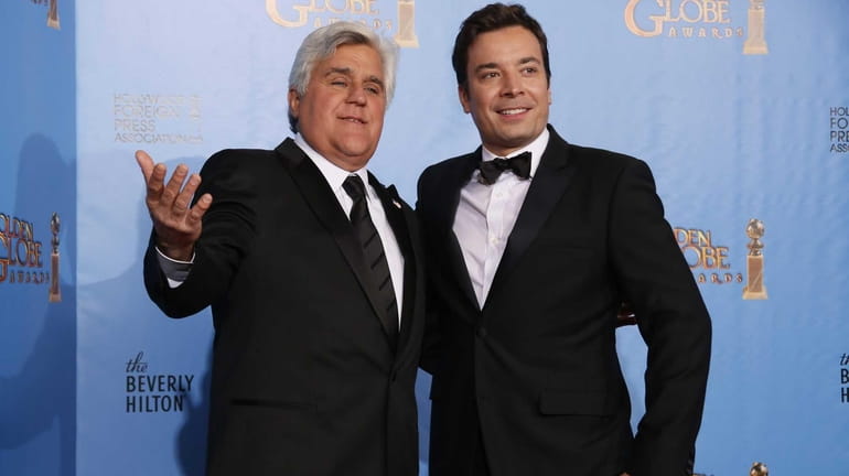 Late night talk show hosts Jay Leno, left, and Jimmy...