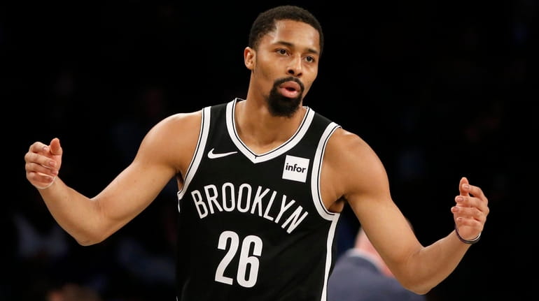 Spencer Dinwiddie of the Nets reacts during the second quarter...