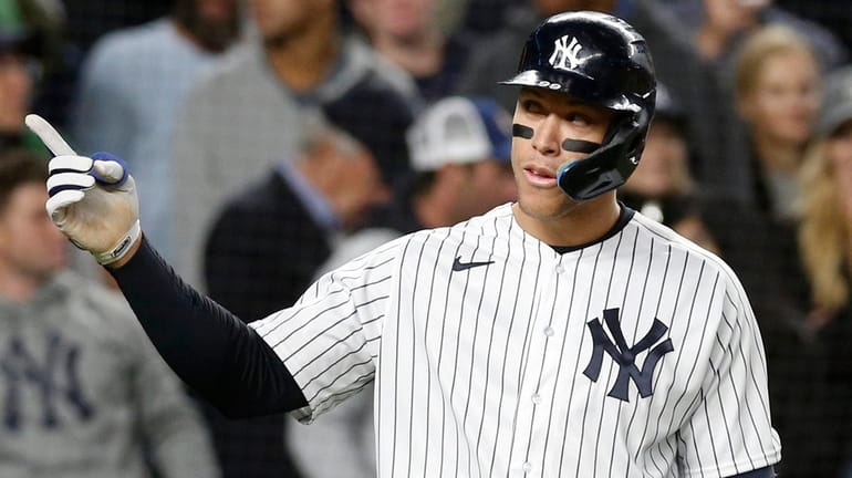 Aaron Judge of the Yankees waits to finish his at-bat in the...