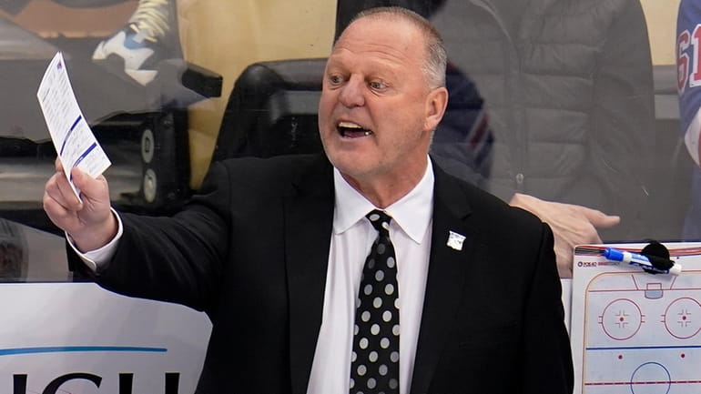 Rangers head coach Gerard Gallant gives instructions during the first...