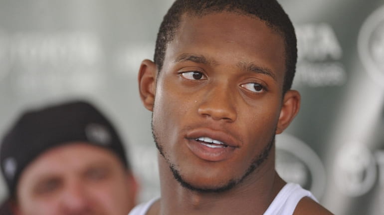 Darron Lee of the Jets speaks with the media after practice...