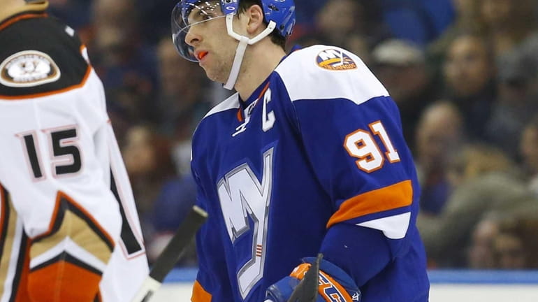 John Tavares of the New York Islanders looks on in...