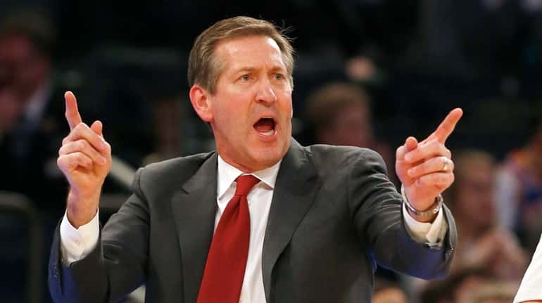Head coach Jeff Hornacek of the New York Knicks reacts...