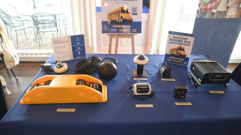 School bus safety equipment on display at the New York...