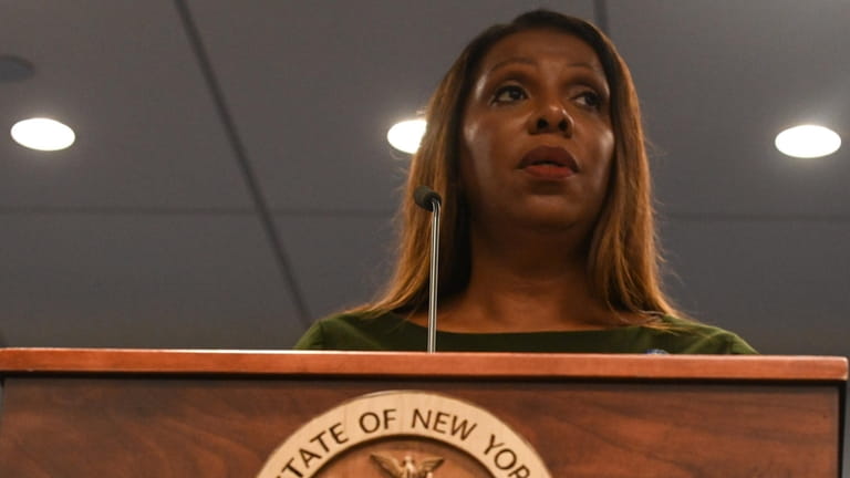 New York Attorney General Letitia James at a news conference announcing...