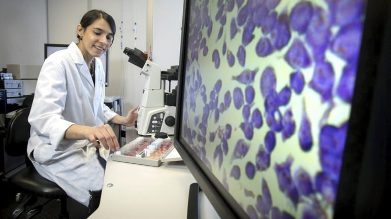 Genetics graduate student Mansa Munshi views fungal pathogens in Dr....