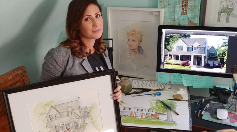 Lynbrook artist Natalie Katz with her most recent house portrait.