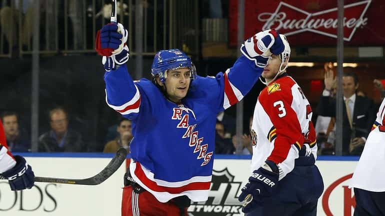 Mats Zuccarello of the Rangers celebrates his second period goal...