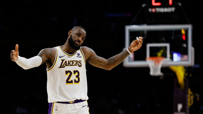Los Angeles Lakers forward LeBron James (23) reacts during the...