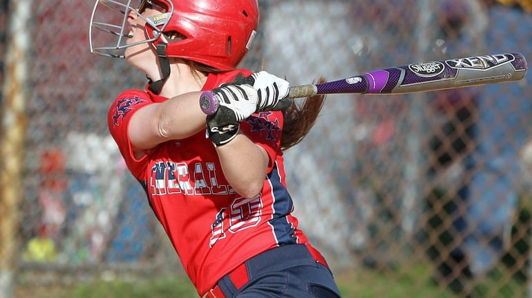 MacArthur's Nicole Moustouka doubles during the Nassau softball game against...