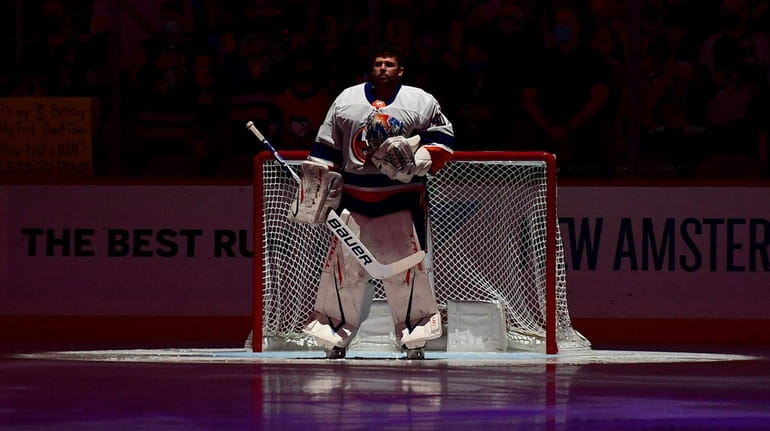 Semyon Varlamov of the New York Islanders is introduced against...