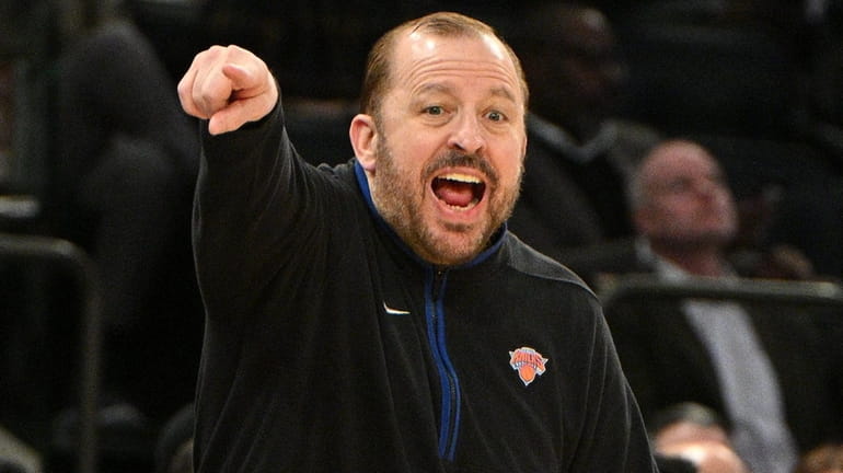 Knicks head coach Tom Thibodeau gestures in the first half...