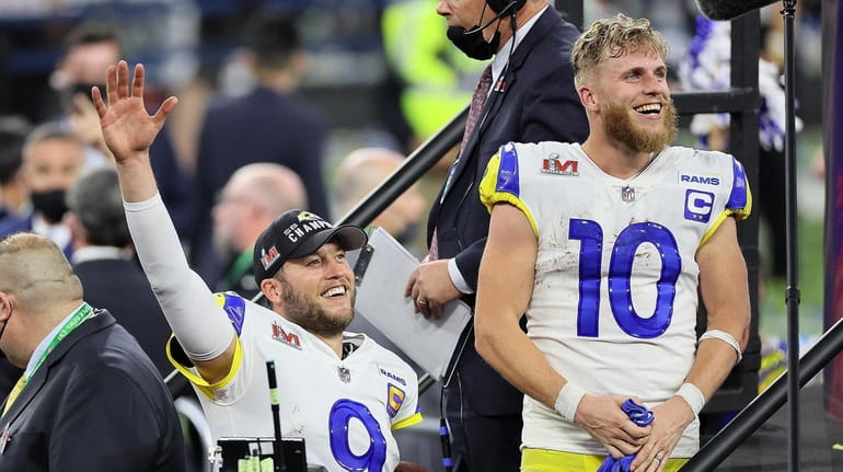Matthew Stafford #9 and Cooper Kupp #10 of the Los Angeles...