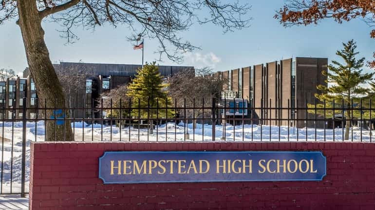 Two students were arrested at Hempstead High, seen here on...