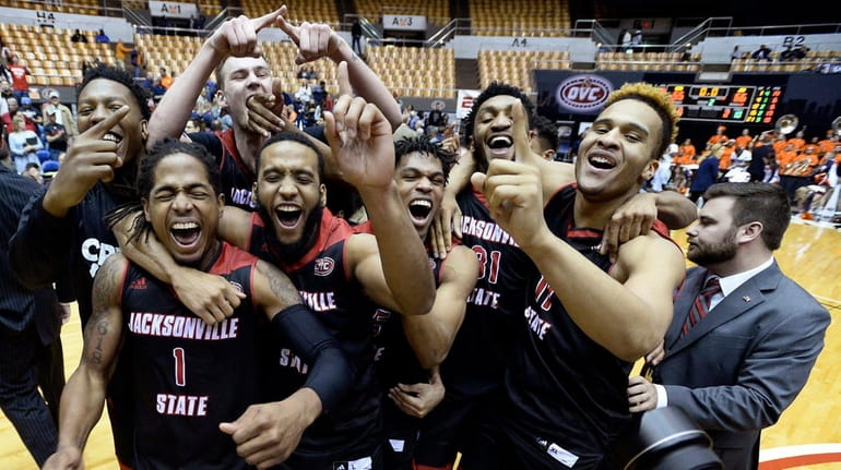 Jacksonville State players celebrate after defeating Tennessee-Martin in an NCAA...