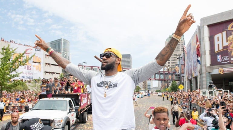 LeBron James of the Cleveland Cavaliers celebrates during the Cleveland...