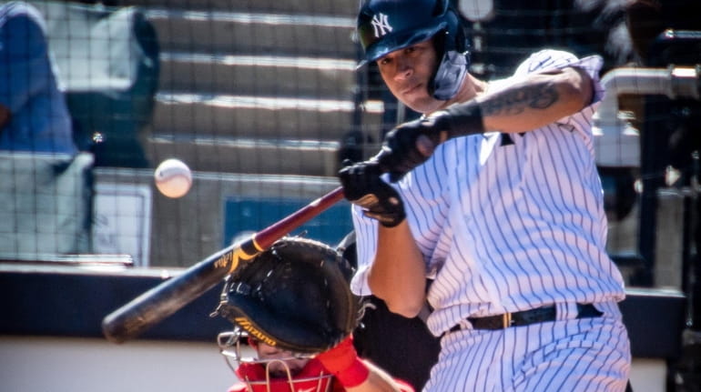 Yankees' Gary Sanchez bats against the Philadelphia Phillies at Steinbrenner Field in...