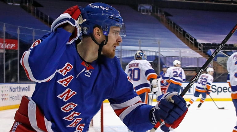 Pavel Buchnevich #89 of the Rangers scores at 5:57 of...