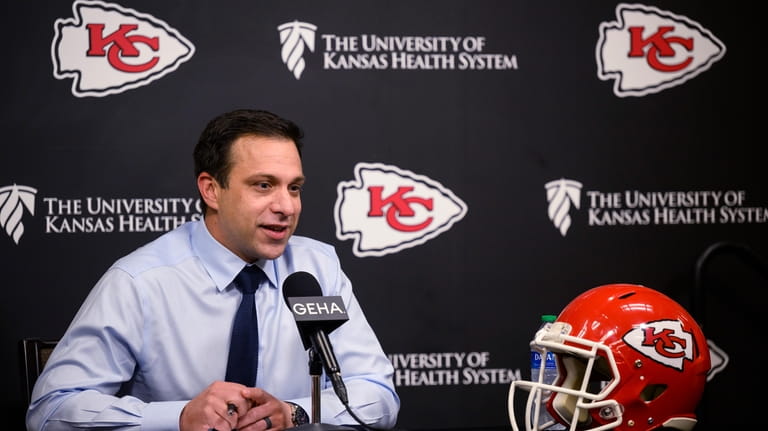Kansas City Chiefs general manager Brett Veach speaks to reporters...
