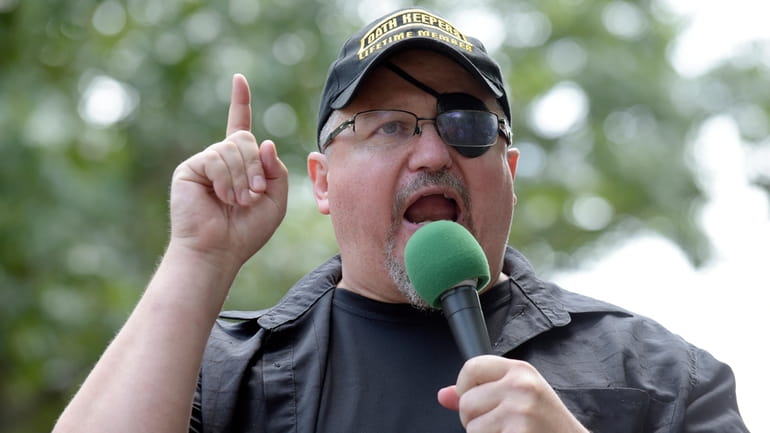 Stewart Rhodes, founder of the Oath Keepers, speaks during a...