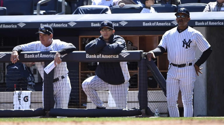 New York Yankees manager Joe Girardi looks on from the...
