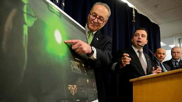 Sen. Chuck Schumer is joined by commercial airline pilots, from...