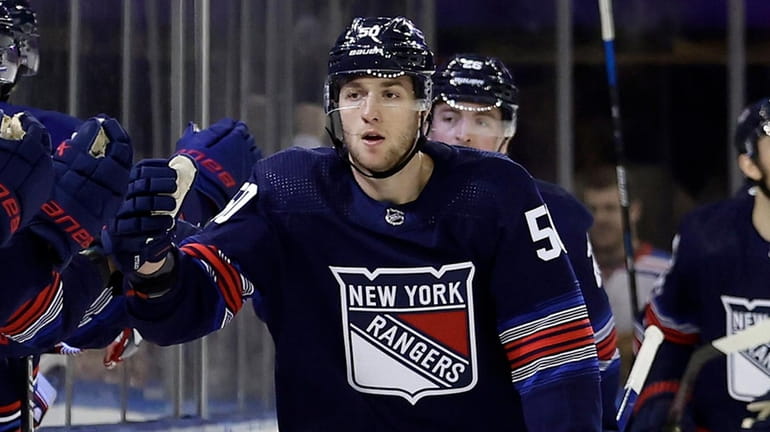 Will Cuylle of the Rangers celebrates his second-period goal against the...