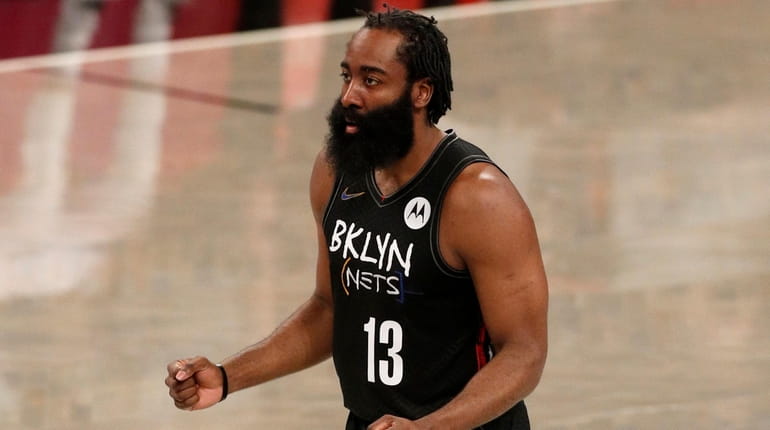 James Harden of the Nets reacts after a basket during the...