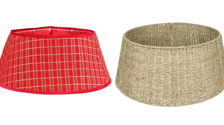 Left: This red plaid Christmas tree collar that's an exclusive from...