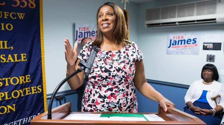 Letitia James, a Democratic candidate for state attorney general, speaks...