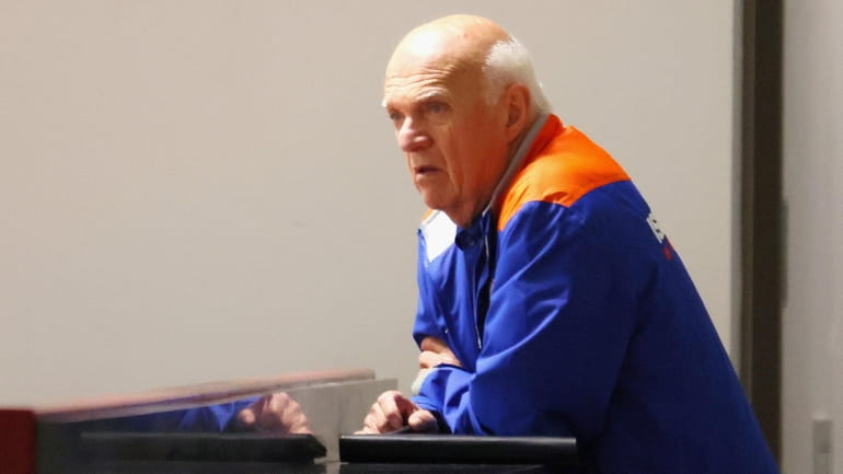 Islanders general manager Lou Lamoriello watches practice at the Northwell...