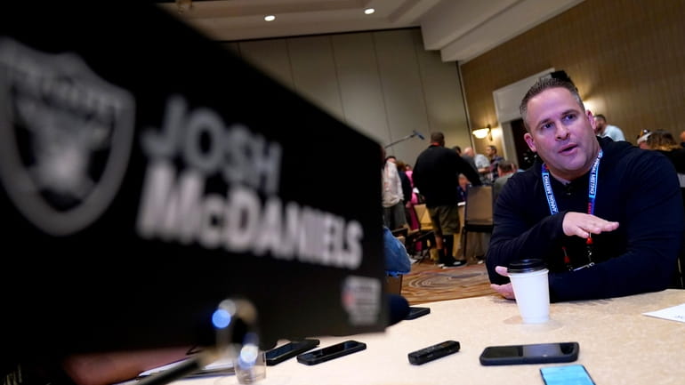 Las Vegas Raiders head coach Josh McDaniels speaks during the...