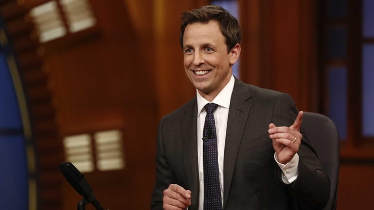 Seth Meyers hosts his first "Late Night" show, on Feb....