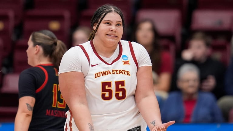 Iowa State center Audi Crooks reacts during the first half...