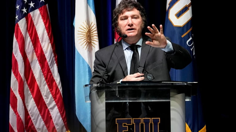 Argentine President Javier Milei speaks to students at Florida International...