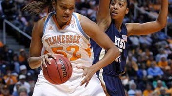 Tennessee's Kelley Cain (52) works the ball against East Tennessee...
