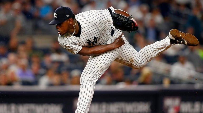 Luis Severino pitches against Cleveland in ALDS Game 4 at...