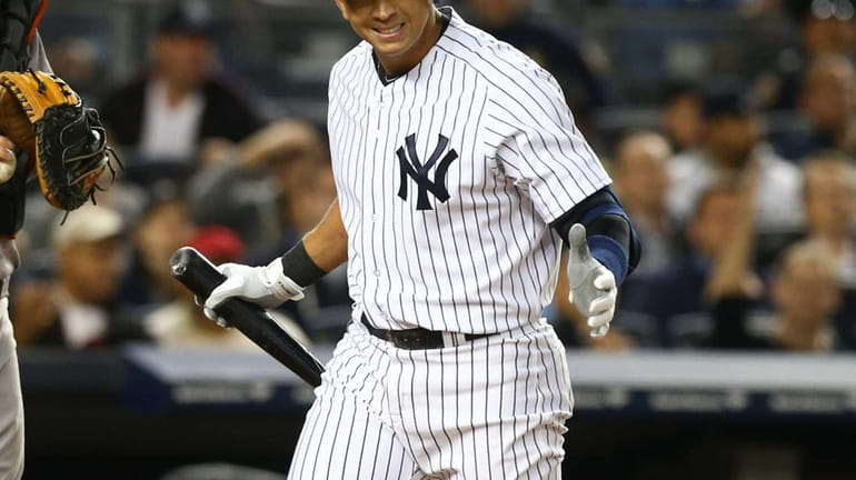 Alex Rodriguez strikes out during the sixth inning of Game...