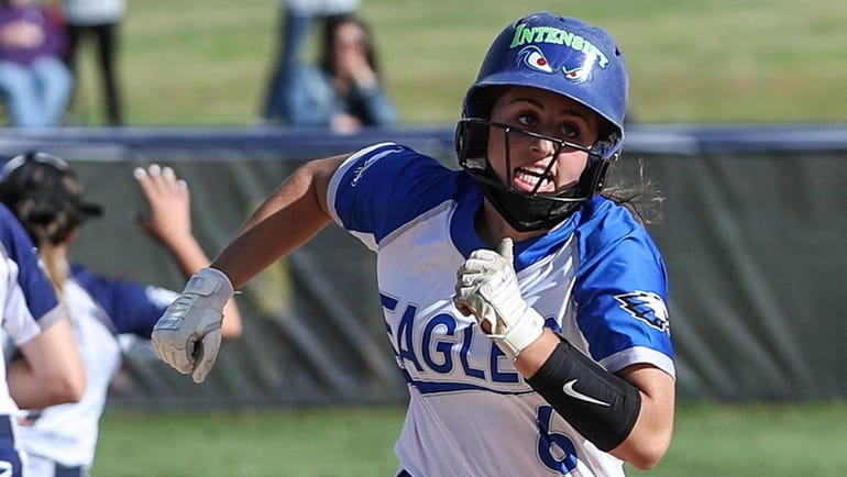 Stefania Abruscato of Hauppauge rounds second during a Suffolk softball game...