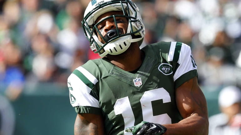 Percy Harvin of the Jets reacts after a missed reception...