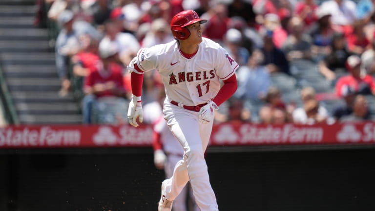 Los Angeles Angels designated hitter Shohei Ohtani (17) runs while...