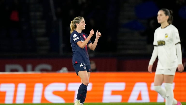 PSG's Korbin Albert celebrates after scoring her side's second goal...