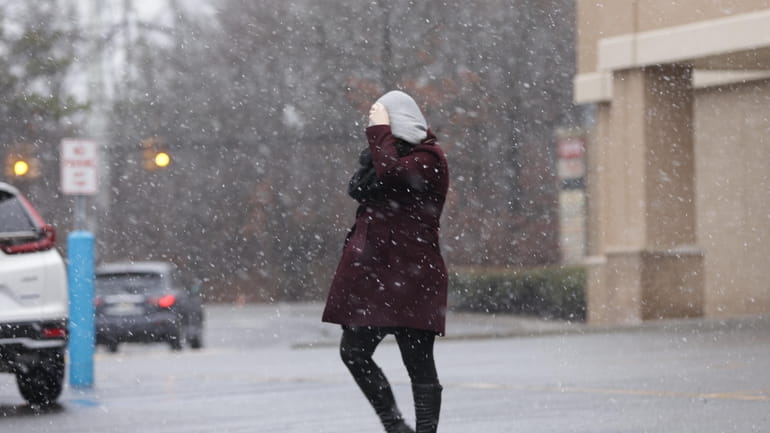 A woman battles the elements, as wet snow fell in...
